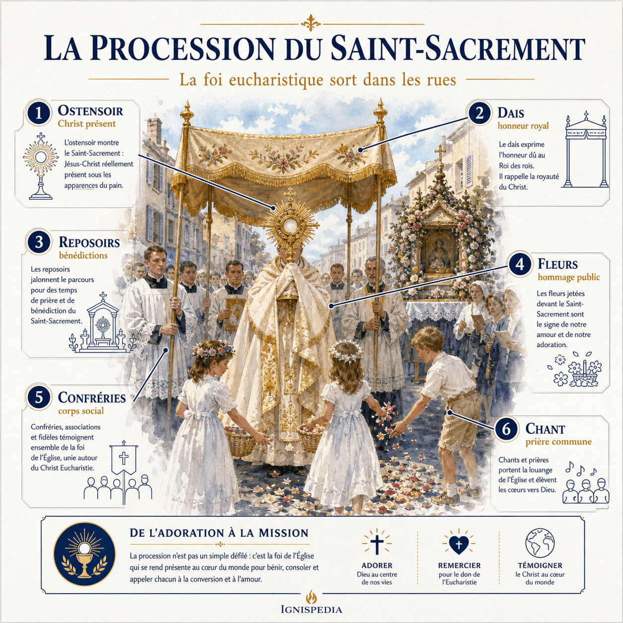 Infographie annotant les éléments d'une procession de la Fête-Dieu avec ostensoir, dais, reposoirs, fleurs, confréries et chants