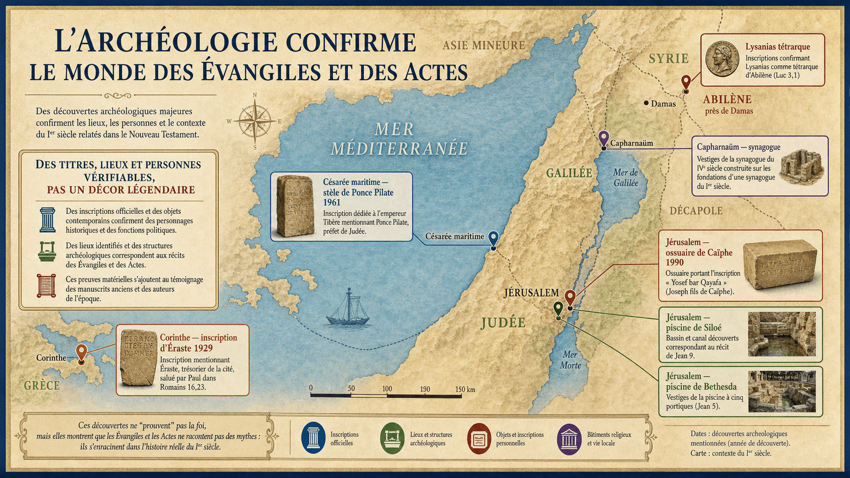 Infographie cartographique des découvertes archéologiques confirmant le monde des Évangiles et des Actes