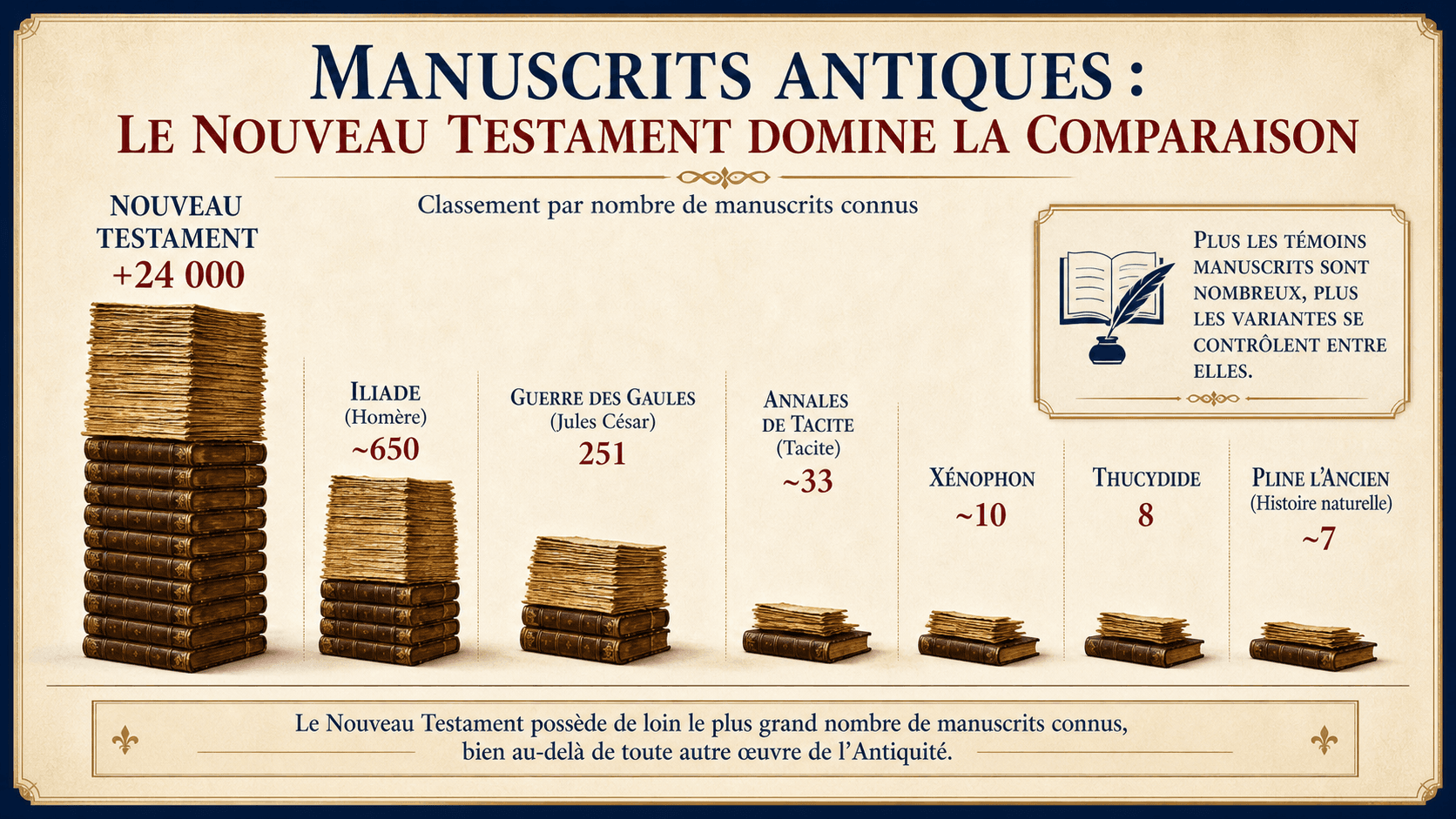 Infographie comparant le nombre de manuscrits du Nouveau Testament avec l'Iliade, César, Tacite, Xénophon, Thucydide et Pline l'Ancien