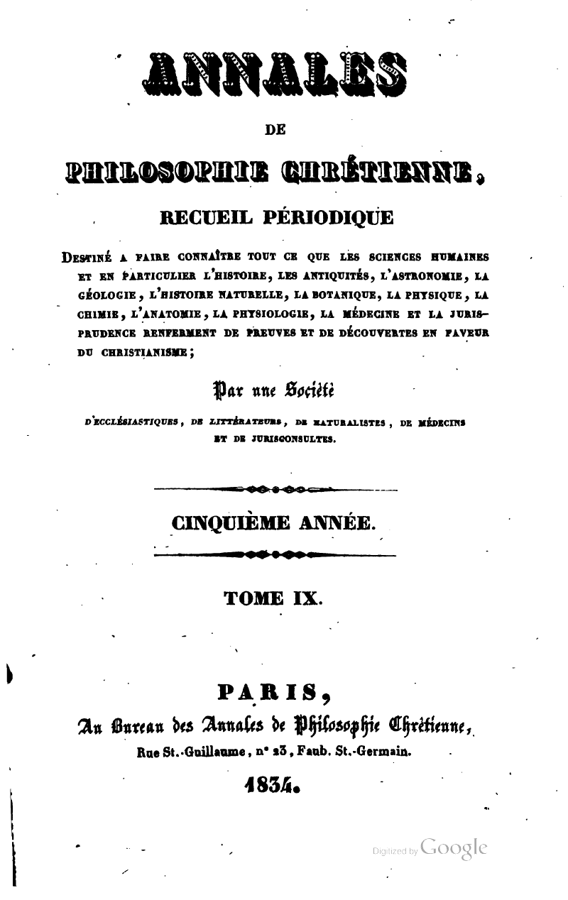 Page de titre des Annales de philosophie chrétienne, cinquième année, tome IX, 1834