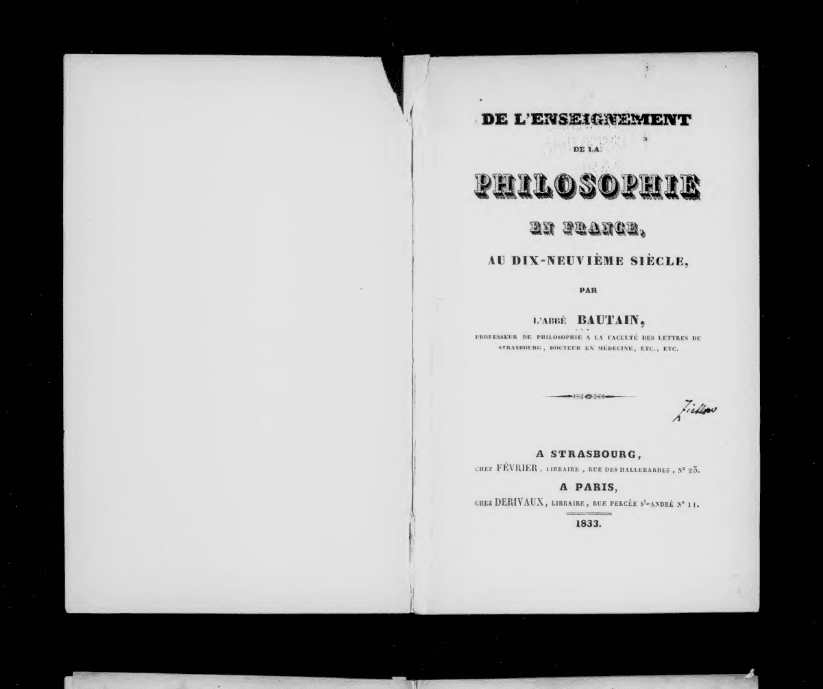 Page de titre de l'ouvrage de Louis Bautain sur l'enseignement de la philosophie, publié en 1833