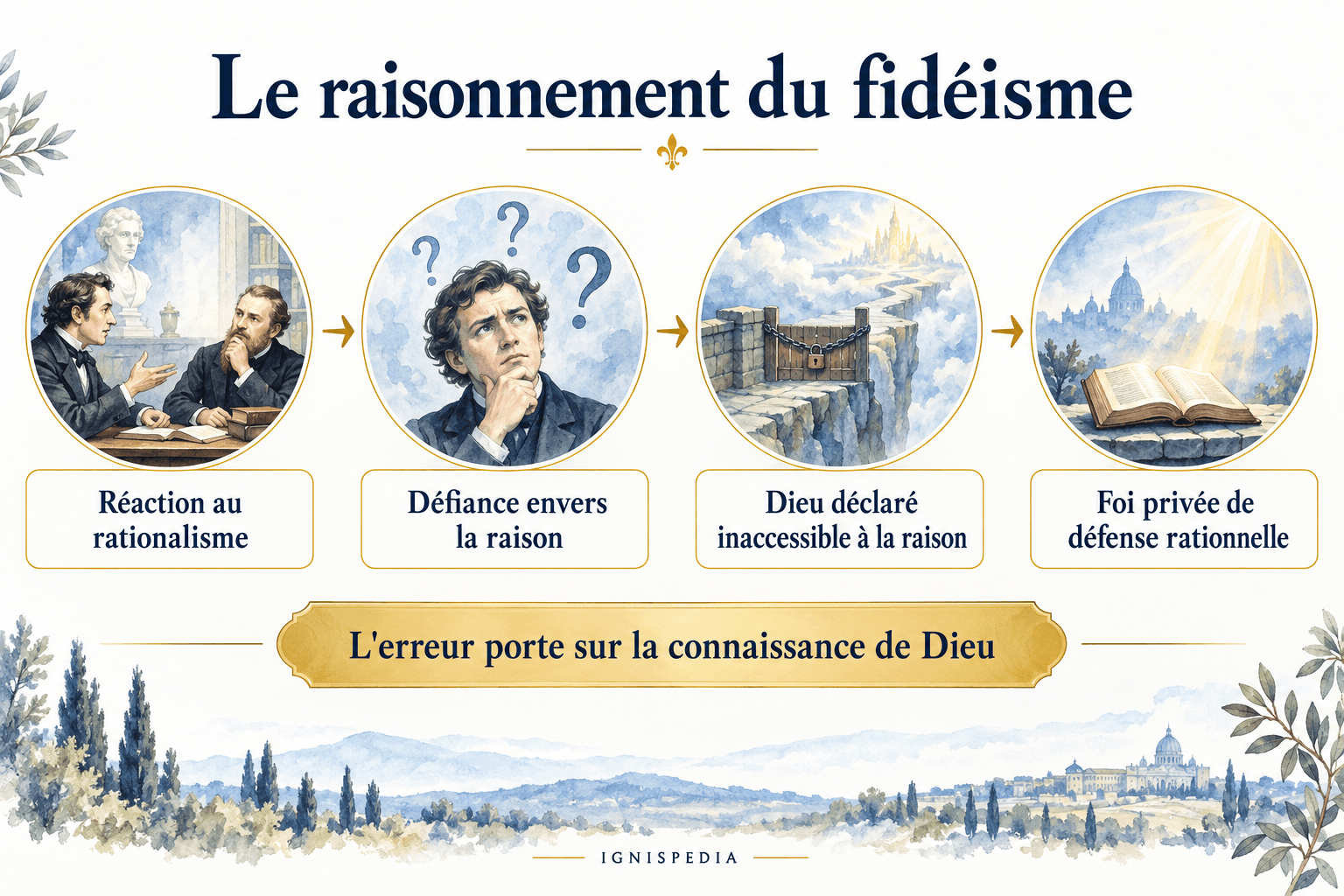 Quatre étapes du raisonnement fidéiste, de la réaction au rationalisme à la foi privée de défense rationnelle