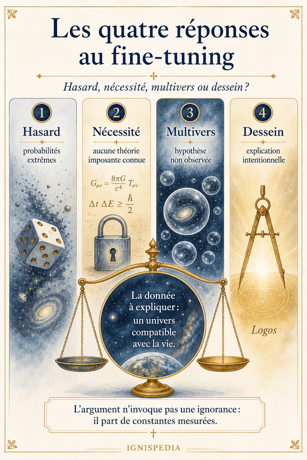 Infographie comparant les quatre réponses au fine tuning : hasard, nécessité, multivers et dessein intelligent.