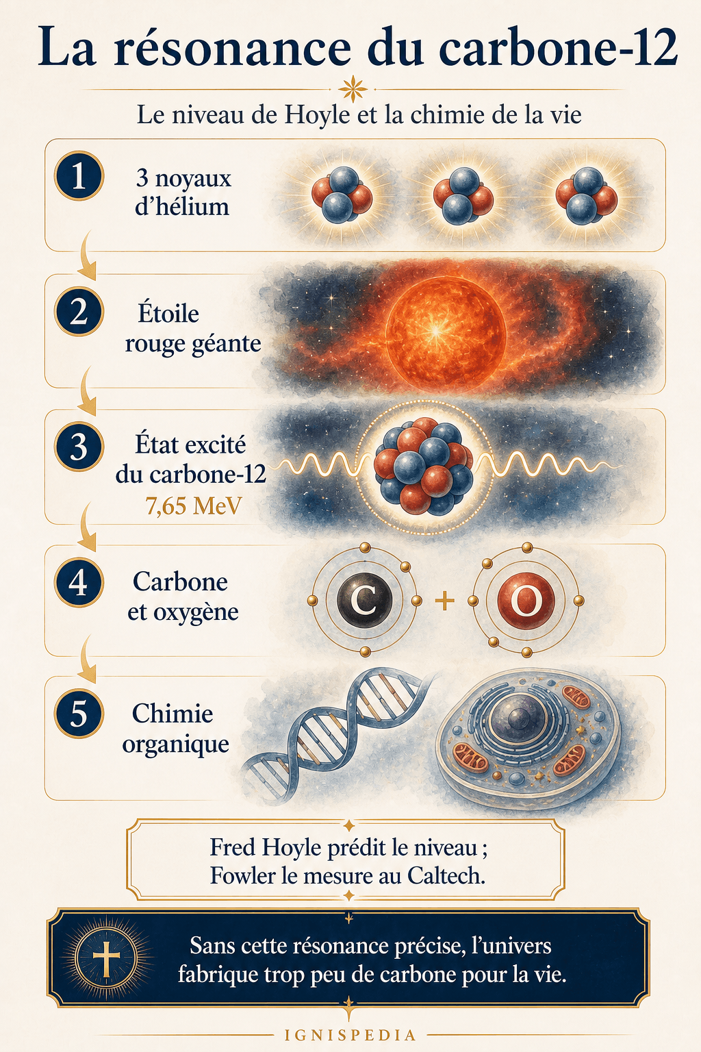 Infographie sur la résonance du carbone-12 : trois noyaux d'hélium, étoile rouge géante, état excité du carbone-12, carbone et oxygène, chimie organique.