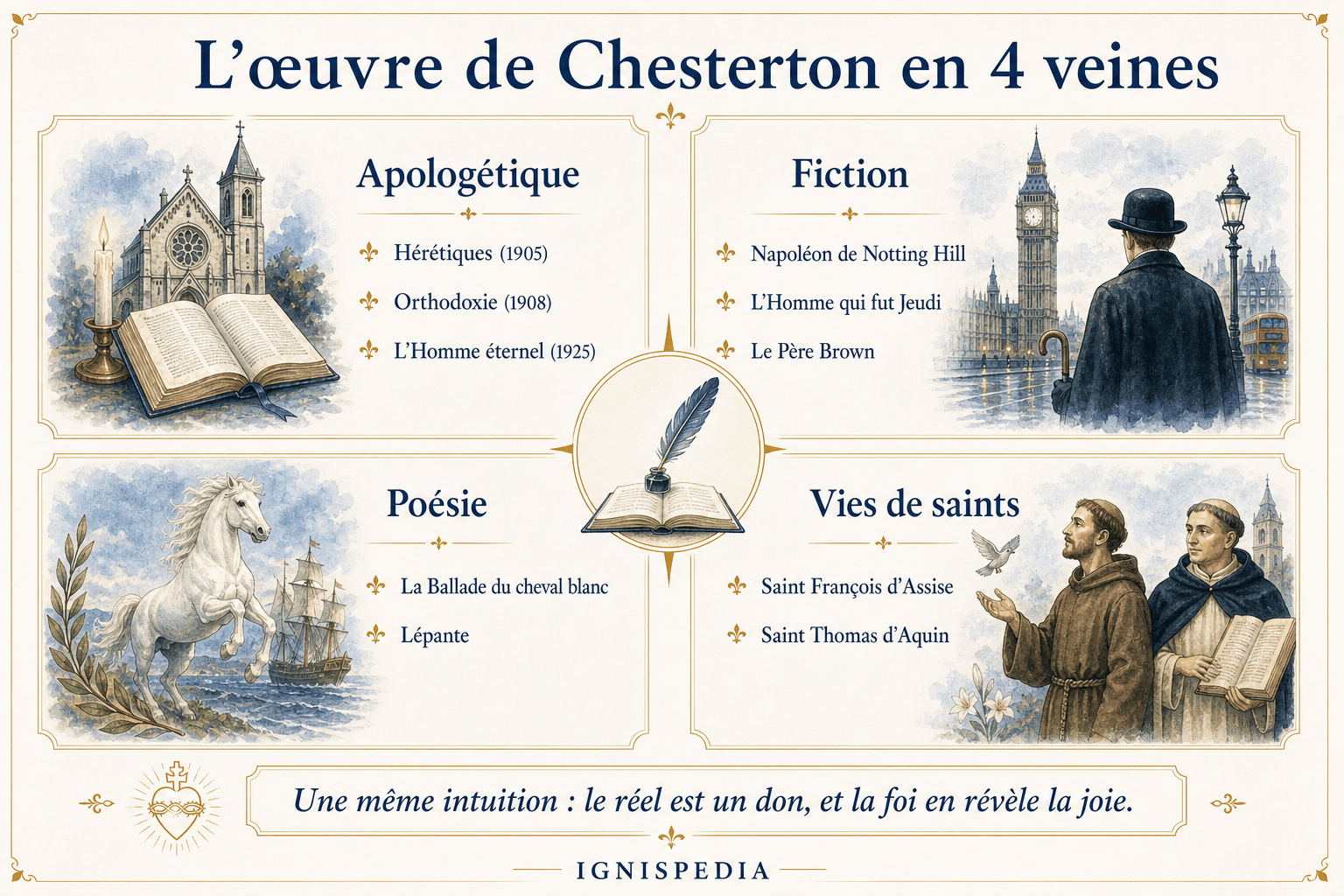 Visuelle Übersicht der vier Adern des Werks von Chesterton: Apologetik, Fiktion, Poesie und Heiligenbiografien.