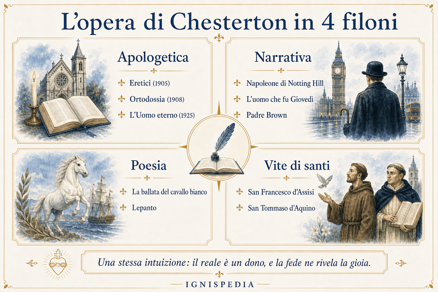 Tabella visiva dei quattro filoni dell’opera di Chesterton: apologetica, narrativa, poesia e vite di santi.