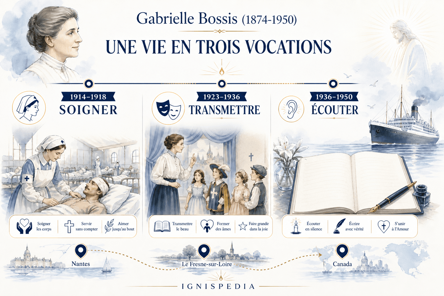 Infographie présentant les trois vocations successives de Gabrielle Bossis : soigner, transmettre et écouter