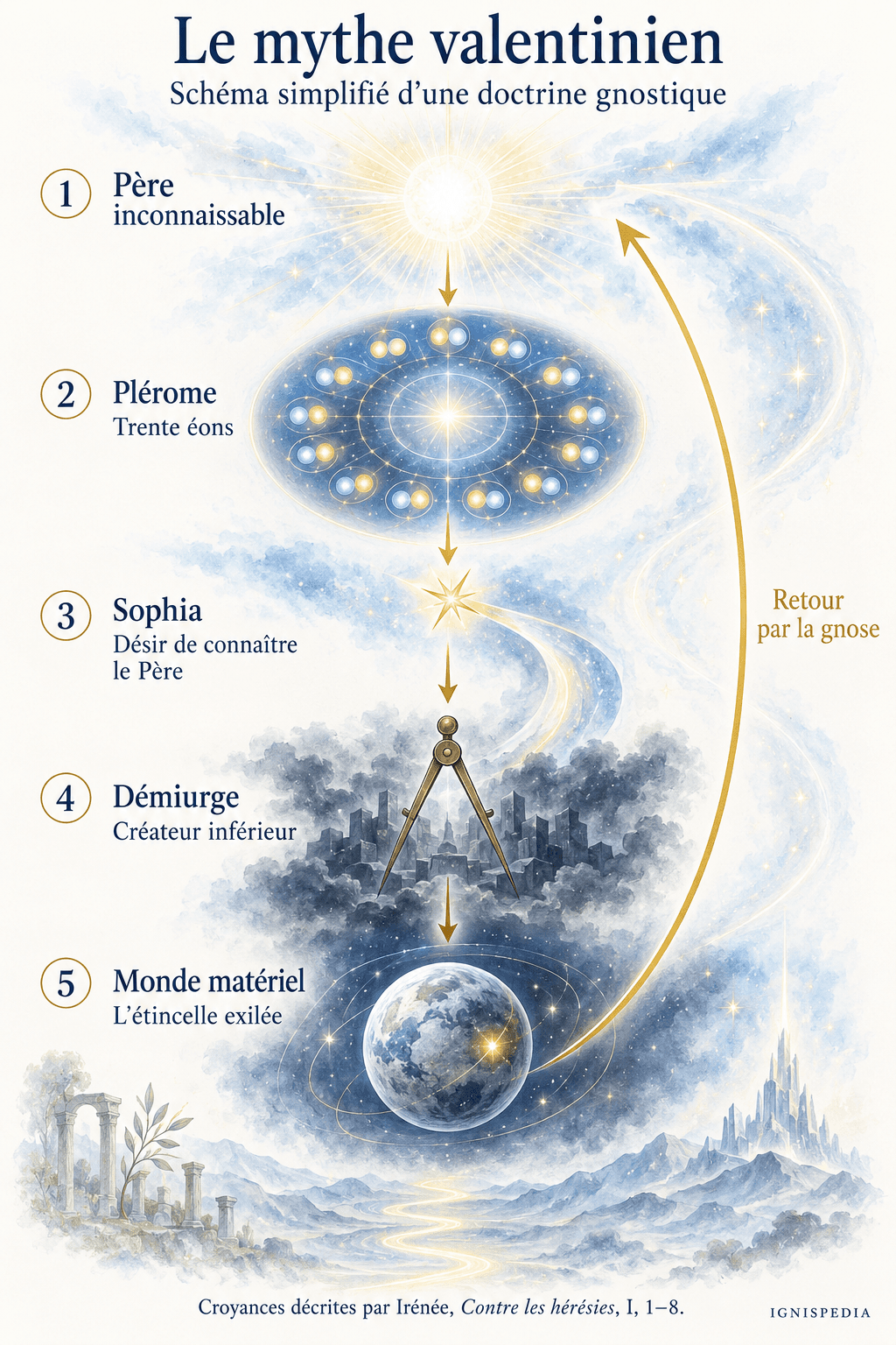 Schéma simplifié du mythe valentinien : Père, Plérome, Sophia, démiurge et monde matériel