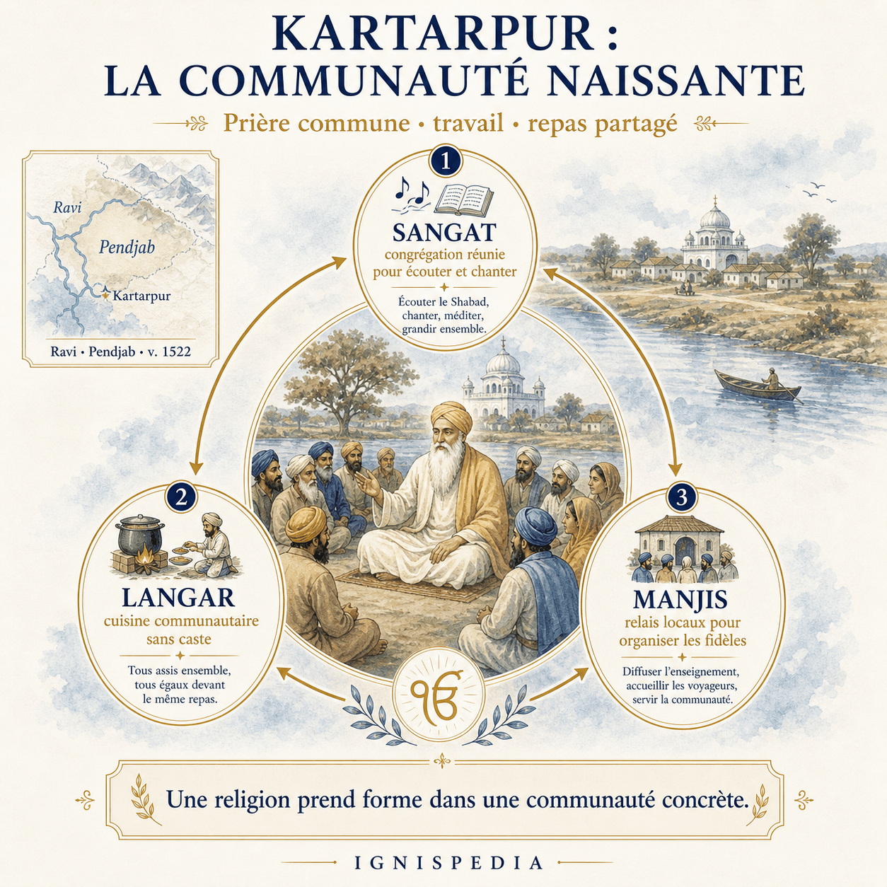 Infografika o rodzącej się wspólnocie Kartarpur: sangat, langar i mandźi