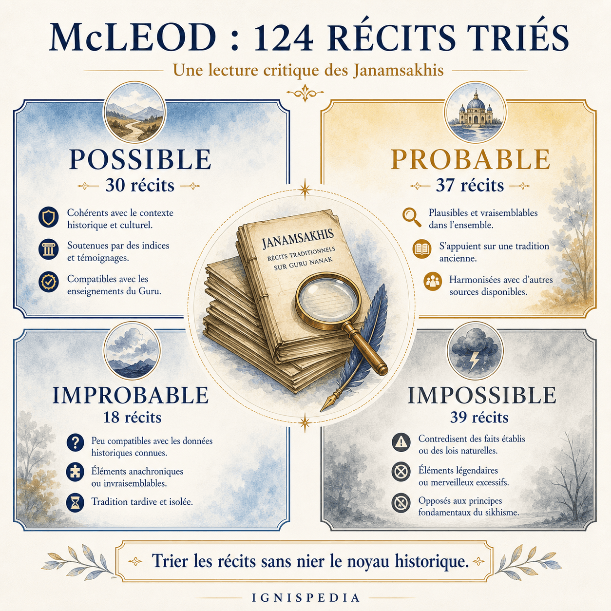 Infografika klasyfikacji McLeoda 124 opowieści Dżanamsakhi: możliwe, prawdopodobne, nieprawdopodobne, niemożliwe