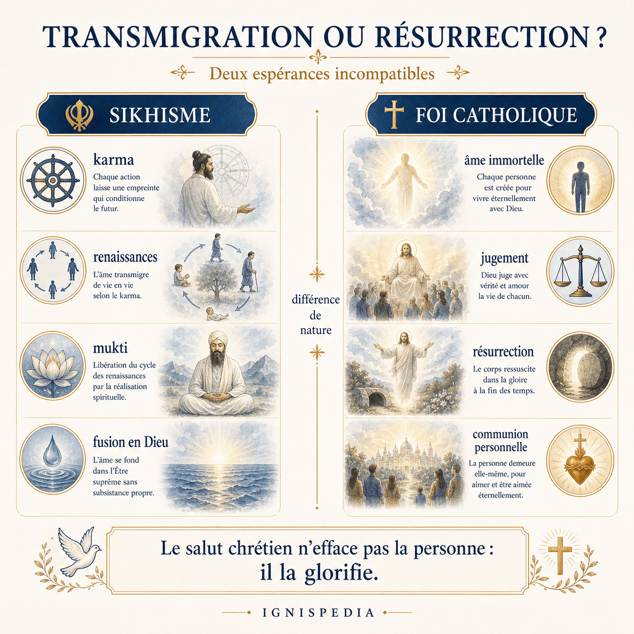 Infografika porównująca sikhijską transmigrację i chrześcijańskie zmartwychwstanie ciał