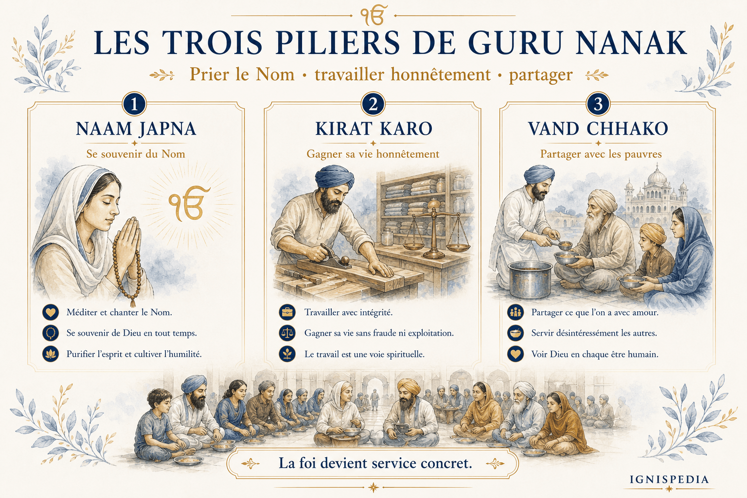Infografika trzech filarów Guru Nanaka: Naam japna, Kirat karo i Vand chhako