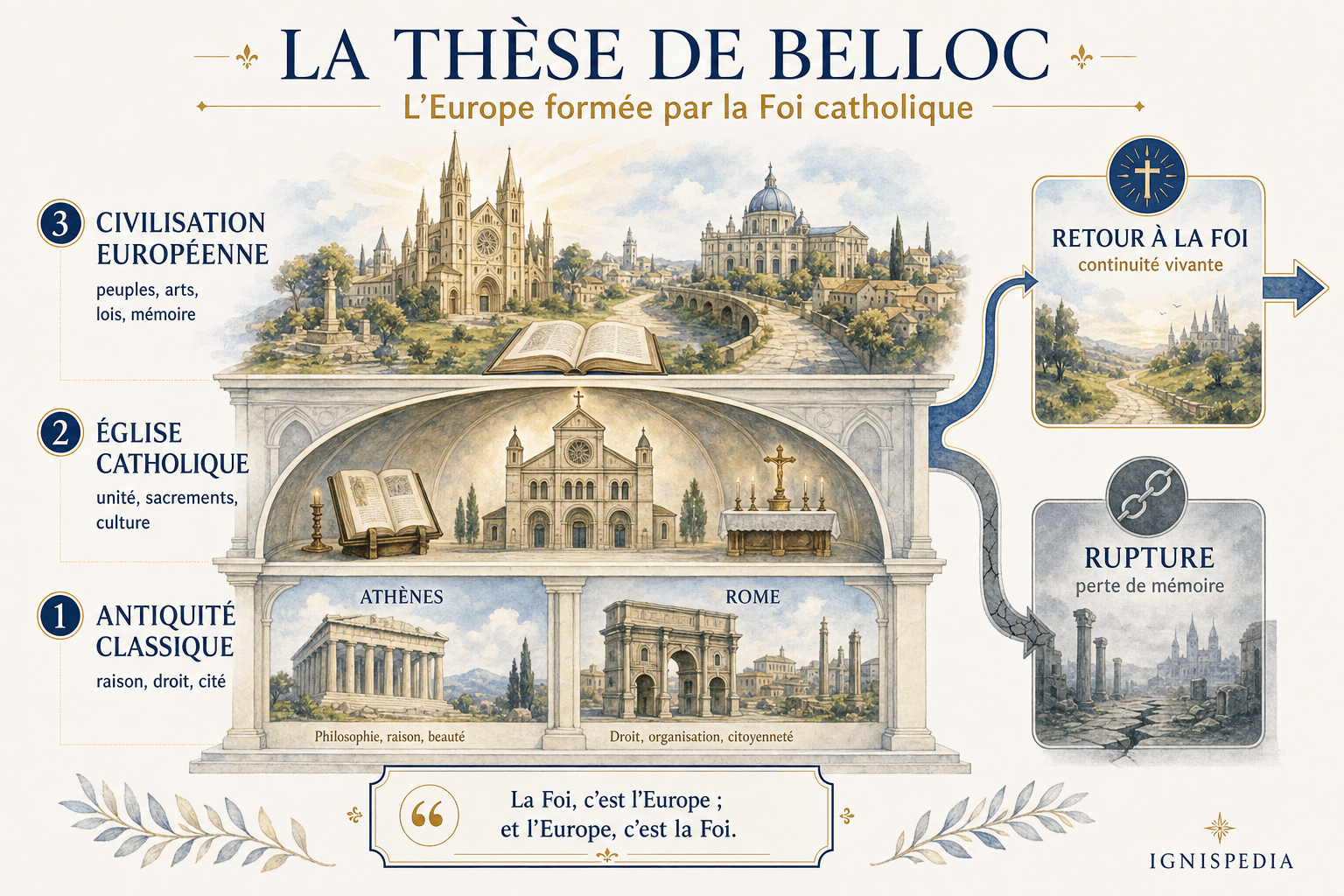 Infographie expliquant la thèse de Belloc selon laquelle l'Europe s'est formée dans le moule de la foi catholique.