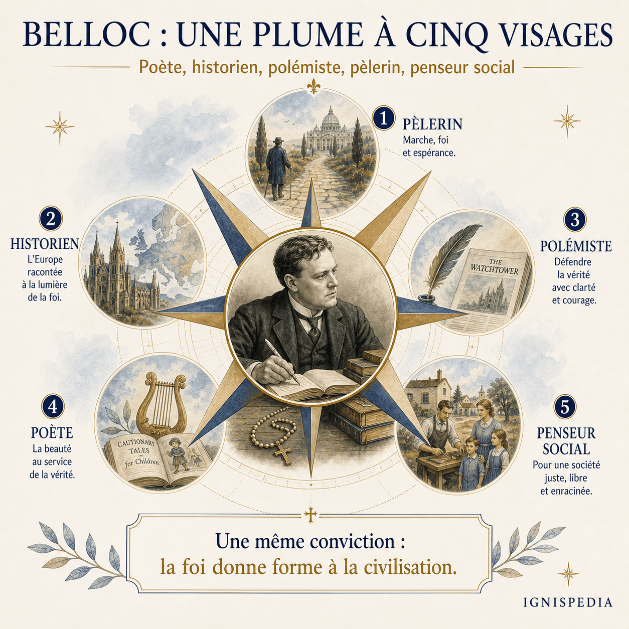 Infographie en boussole présentant les cinq visages de la plume de Hilaire Belloc : poète, historien, polémiste, pèlerin et penseur social.