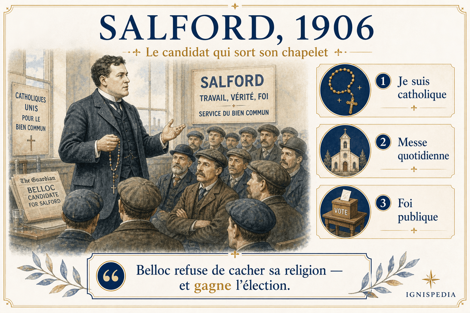 Infographie montrant Hilaire Belloc à Salford en 1906, chapelet en main devant les électeurs.