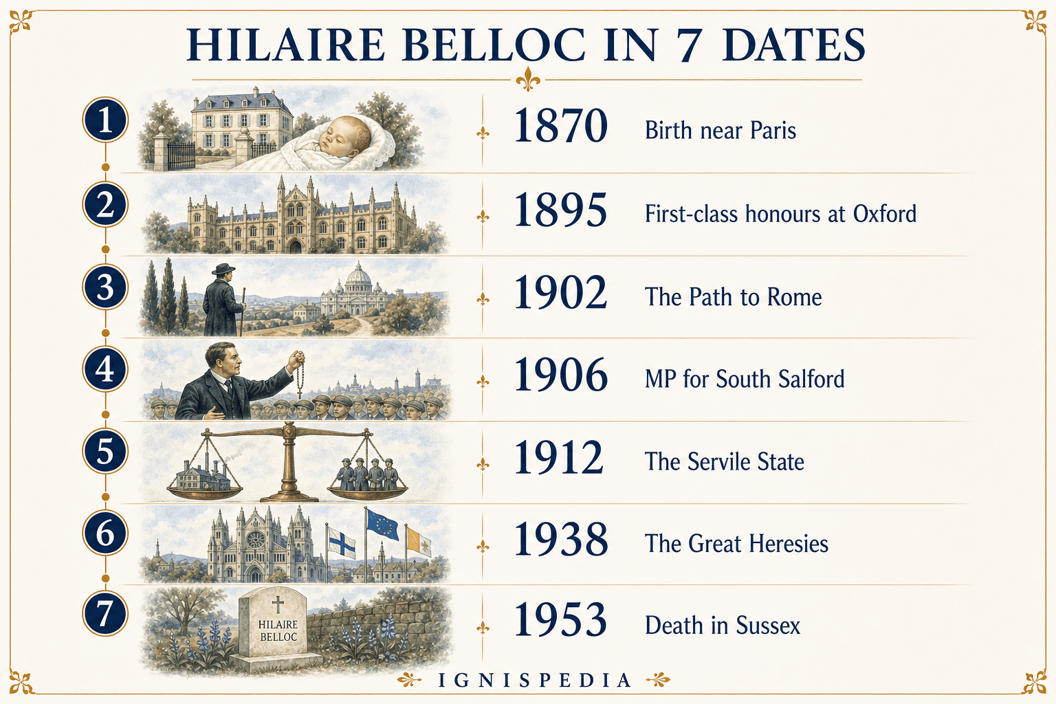 Biographical timeline of Hilaire Belloc in seven dates, from 1870 to 1953.