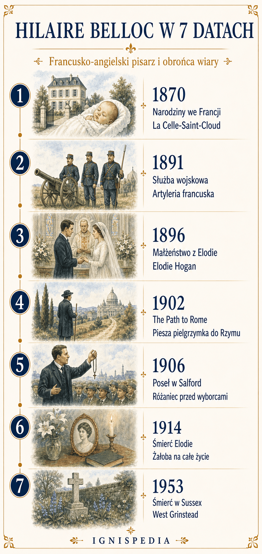 Biograficzna oś czasu Hilaire’a Belloca w siedmiu datach, od 1870 do 1953 roku.