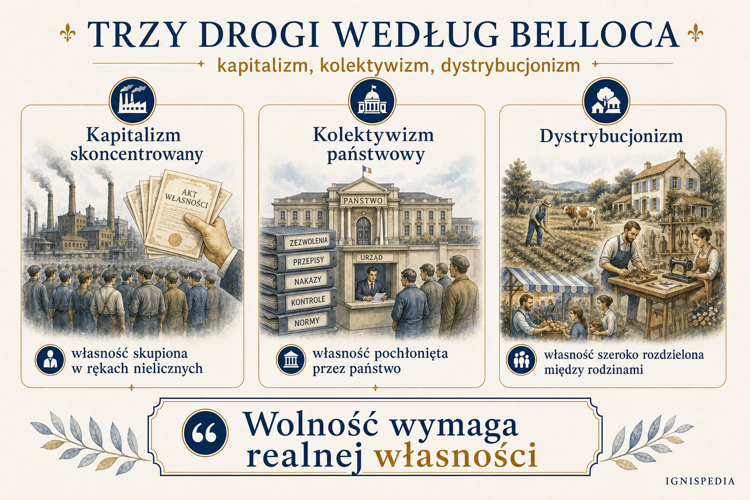 Infografika porównująca kapitalizm skoncentrowany, kolektywizm i dystrybucjonizm według Hilaire’a Belloca.