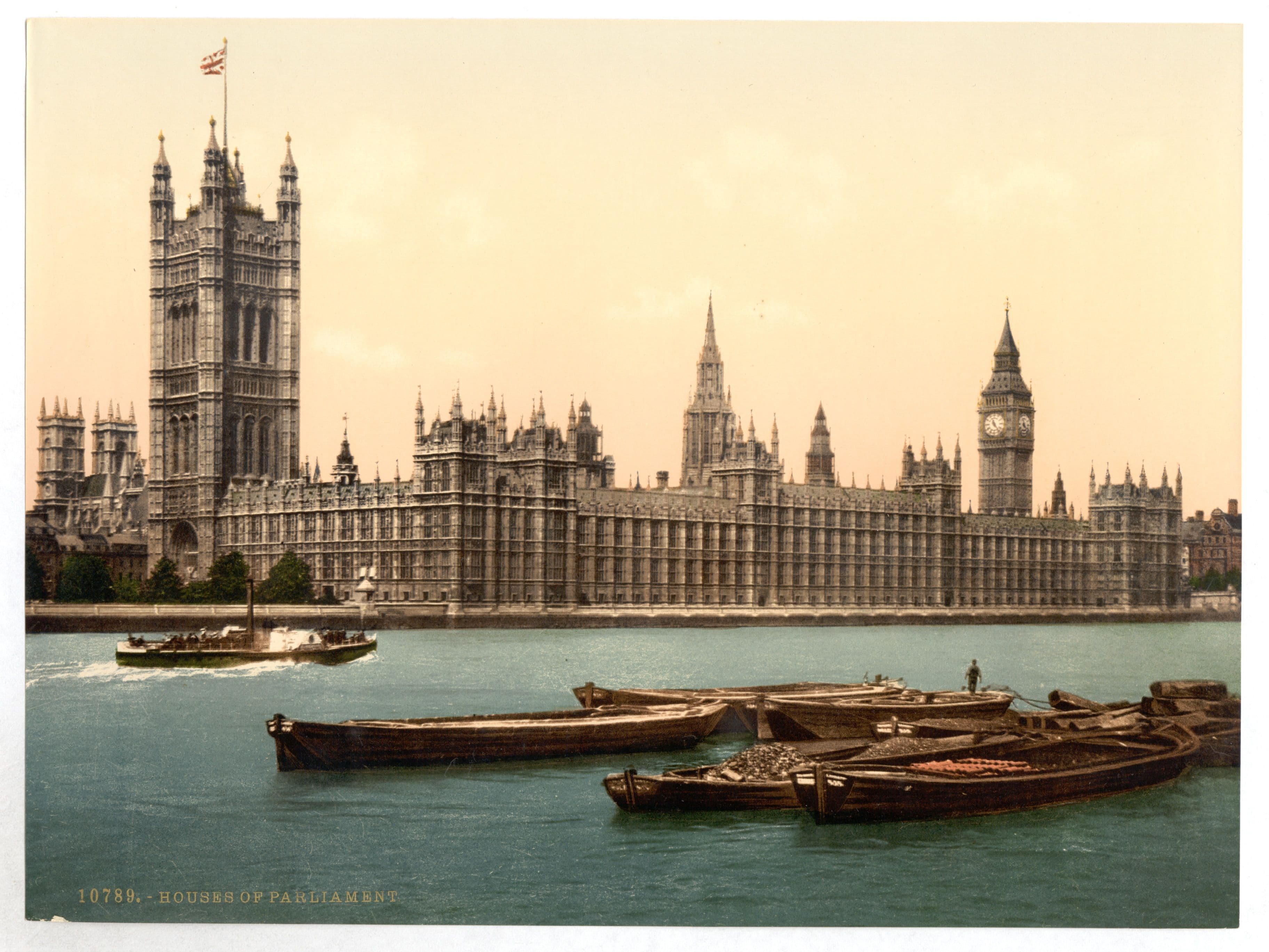 Das Palace of Westminster von der Themse aus, Fotochromdruck um 1890 bis 1900.