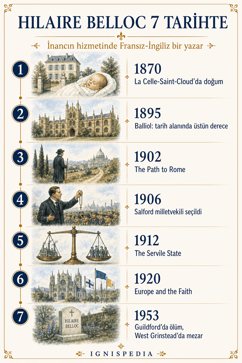 Hilaire Belloc’un 1870’ten 1953’e yedi tarihte biyografik zaman çizelgesi.