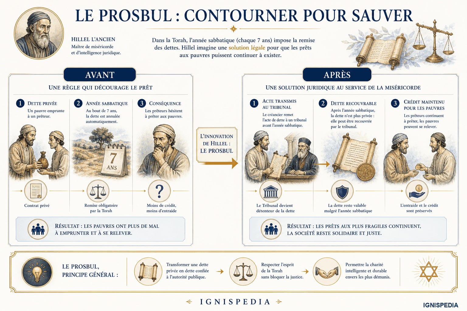 Schéma avant après expliquant le prosbul de Hillel et le transfert de la dette au tribunal