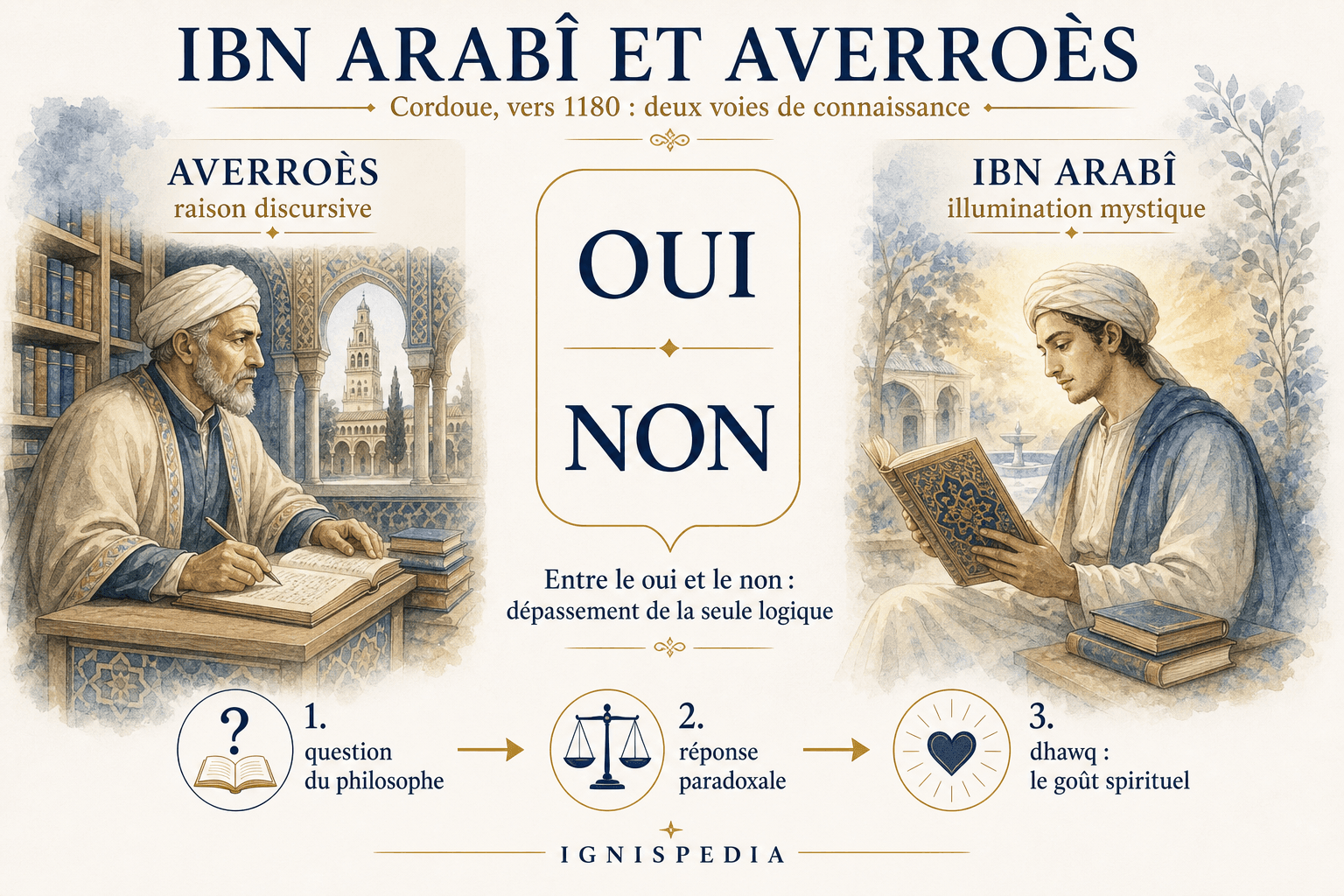 Infographie Ignispedia montrant le dialogue Oui et Non entre Ibn Arabî et Averroès