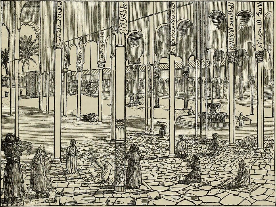 Grabado antiguo del patio de la Gran Mezquita de La Meca y la Kaaba