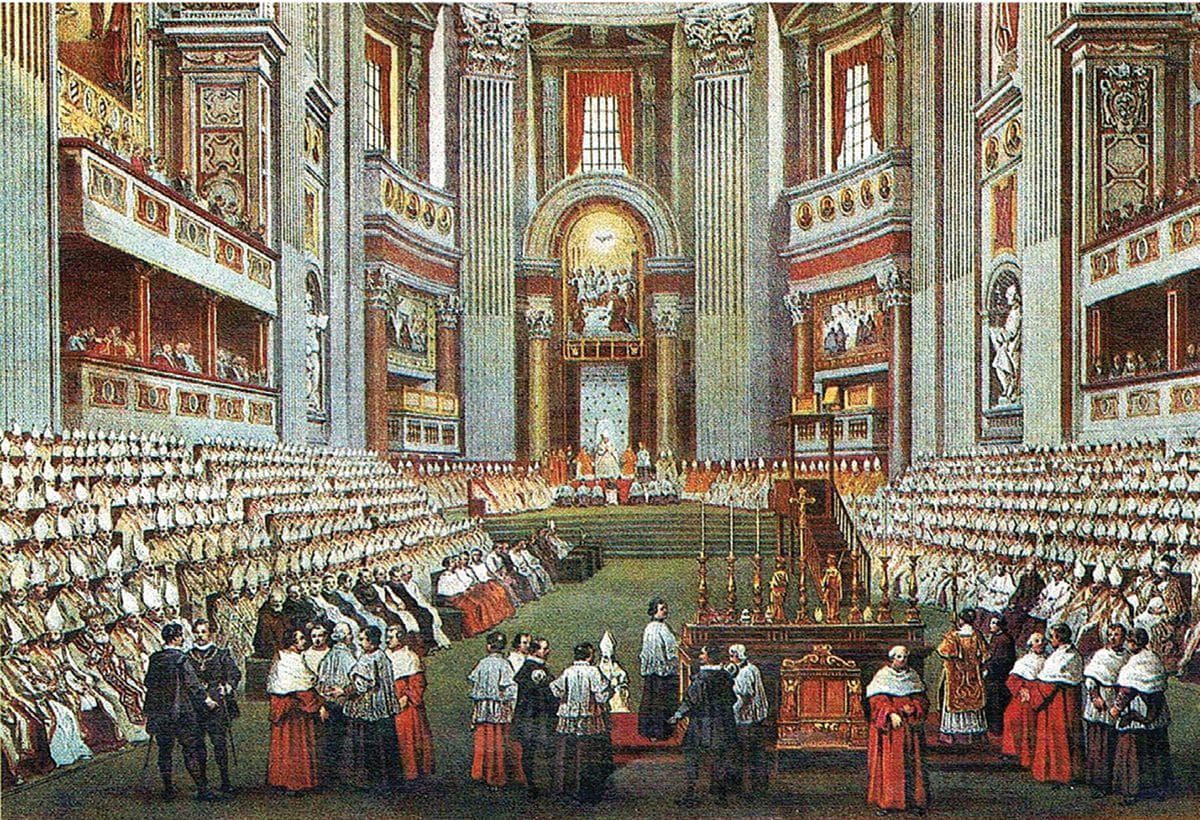 El Concilio Vaticano I en San Pedro en 1870, pintura de la época