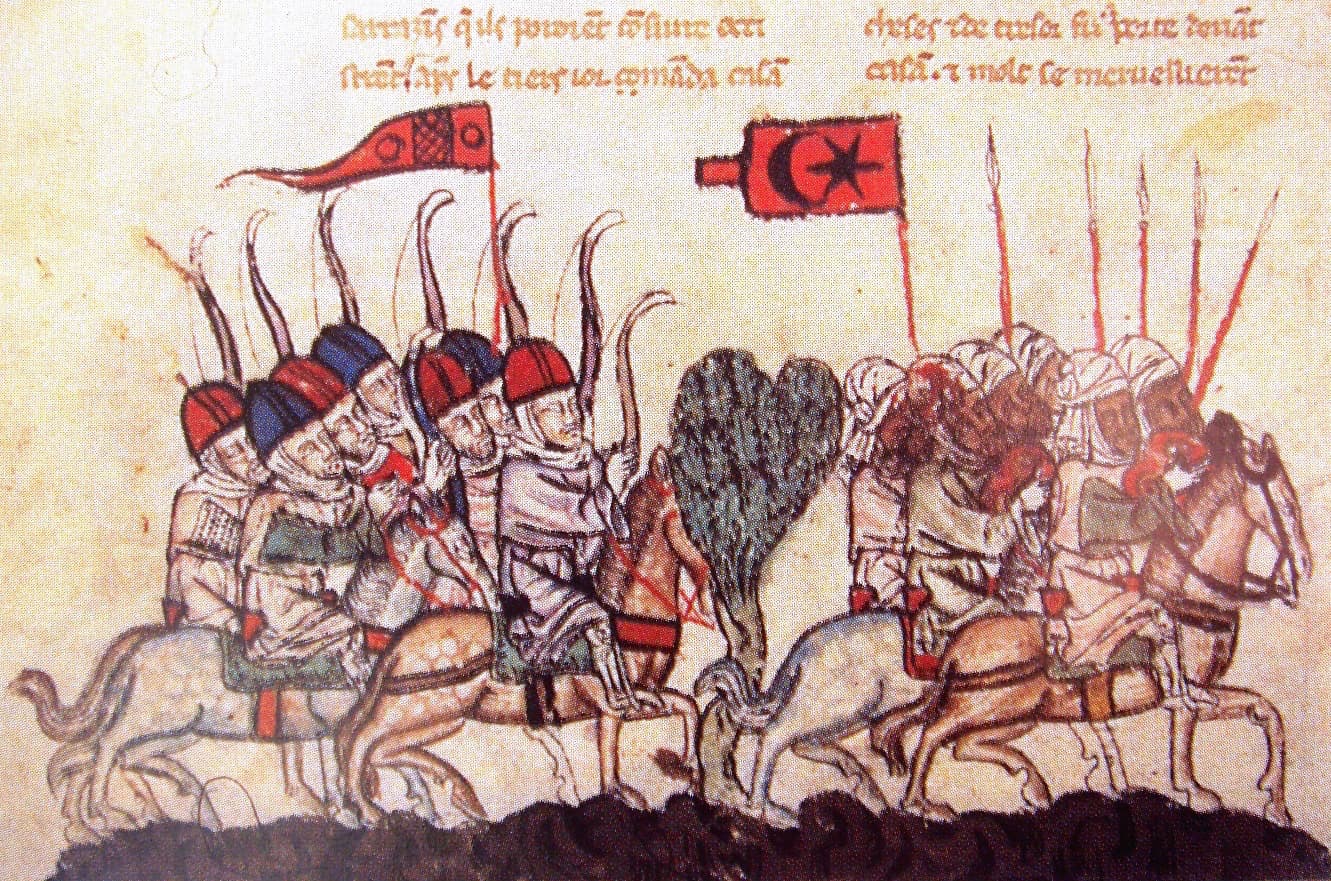 Miniatur des 14. Jahrhunderts: mongolische Reiter verfolgen das Mamlukenheer bei Wadi al-Khaznadar im Jahr 1299.