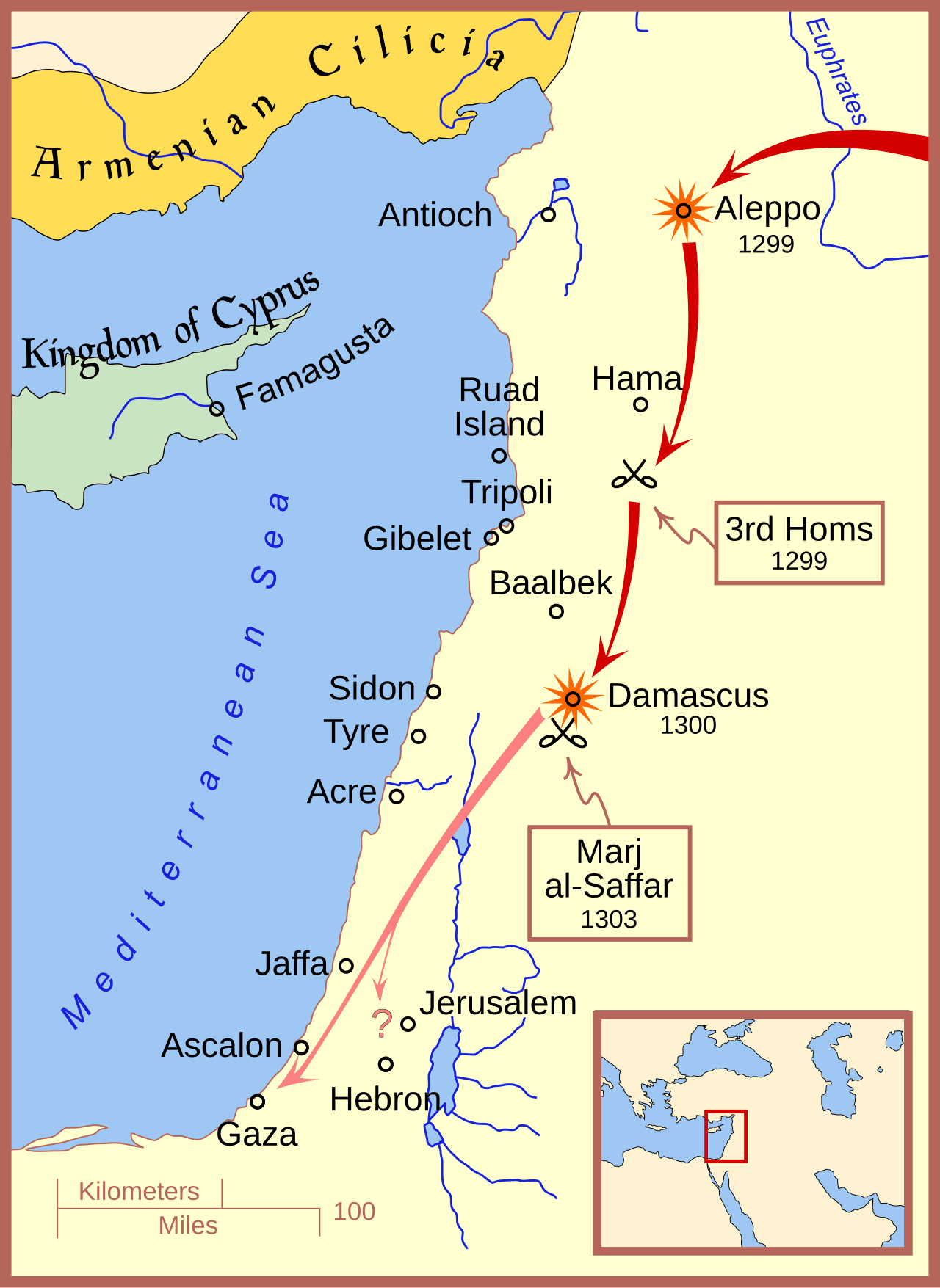 Karte der Mongoleneinfälle in Syrien und Palästina um 1300, mit den Feldzügen von 1299 und 1303.