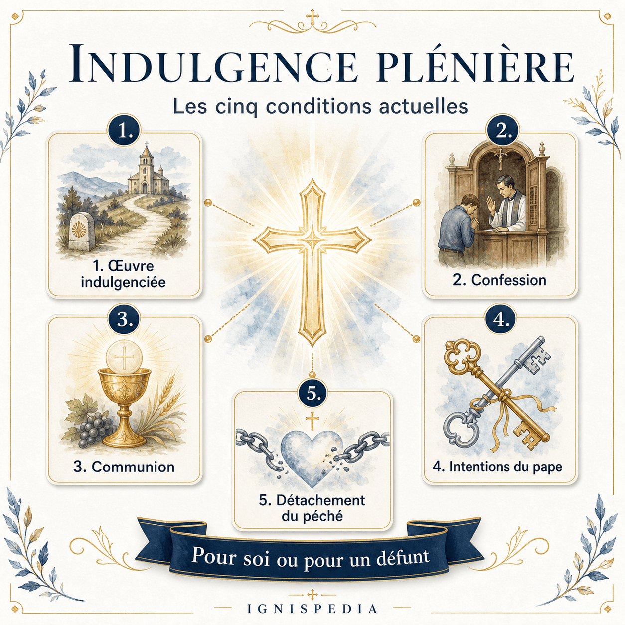 Infographie présentant les cinq conditions actuelles pour recevoir une indulgence plénière