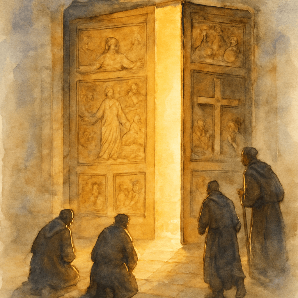 Une porte sainte en bronze massif ornée de bas-reliefs religieux, entrouverte, laissant échapper une lumière dorée — quelques pèlerins en silhouette s'apprêtent à la franchir.