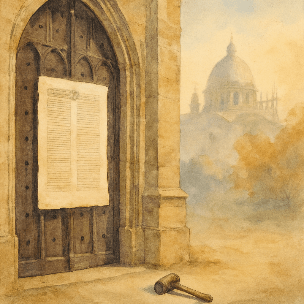 Une porte d'église gothique en bois clouté, sur laquelle est affichée un long parchemin couvert d'écriture latine — en arrière-plan, vue lointaine de la basilique Saint-Pierre encore en chantier.