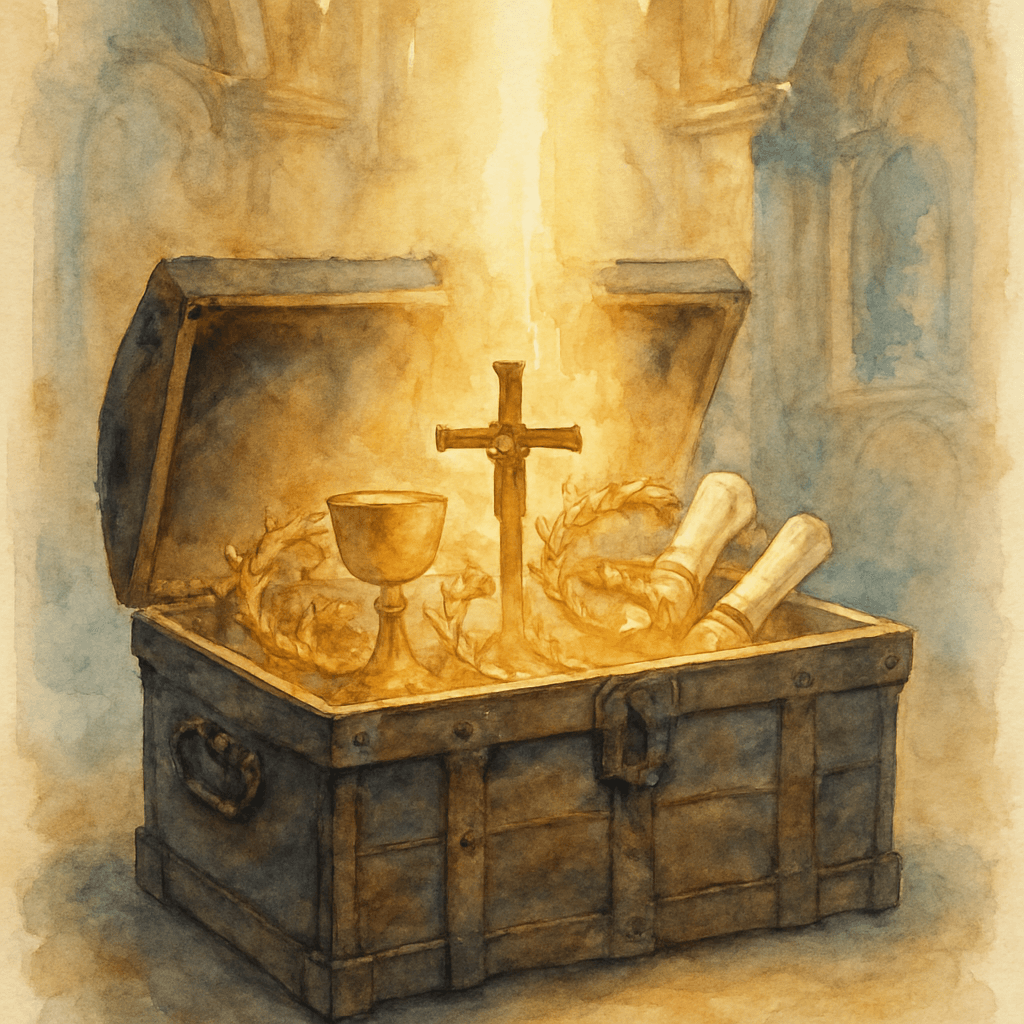 Un grand coffre médiéval en bois sombre cerclé de fer, ouvert, d'où jaillit une lumière dorée intense — à l'intérieur, on distingue un crucifix, un calice, des couronnes de martyrs et des phylactères.
