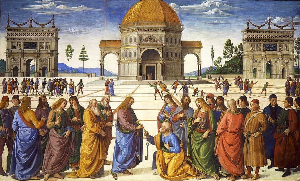 Fresko von Perugino mit der Schlüsselübergabe an den heiligen Petrus, Sixtinische Kapelle