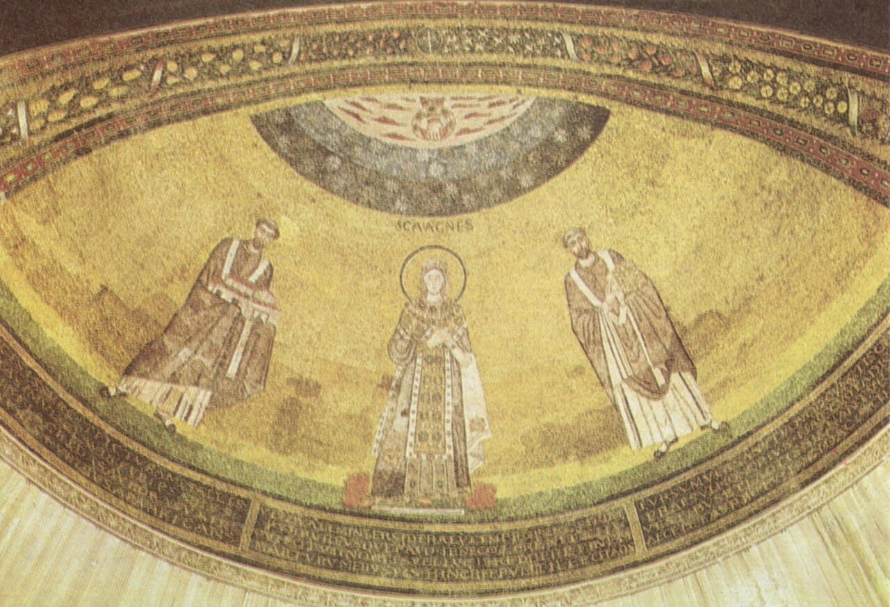 Papst Honorius I. im Apsismosaik des 7. Jahrhunderts von Sant'Agnese fuori le mura in Rom