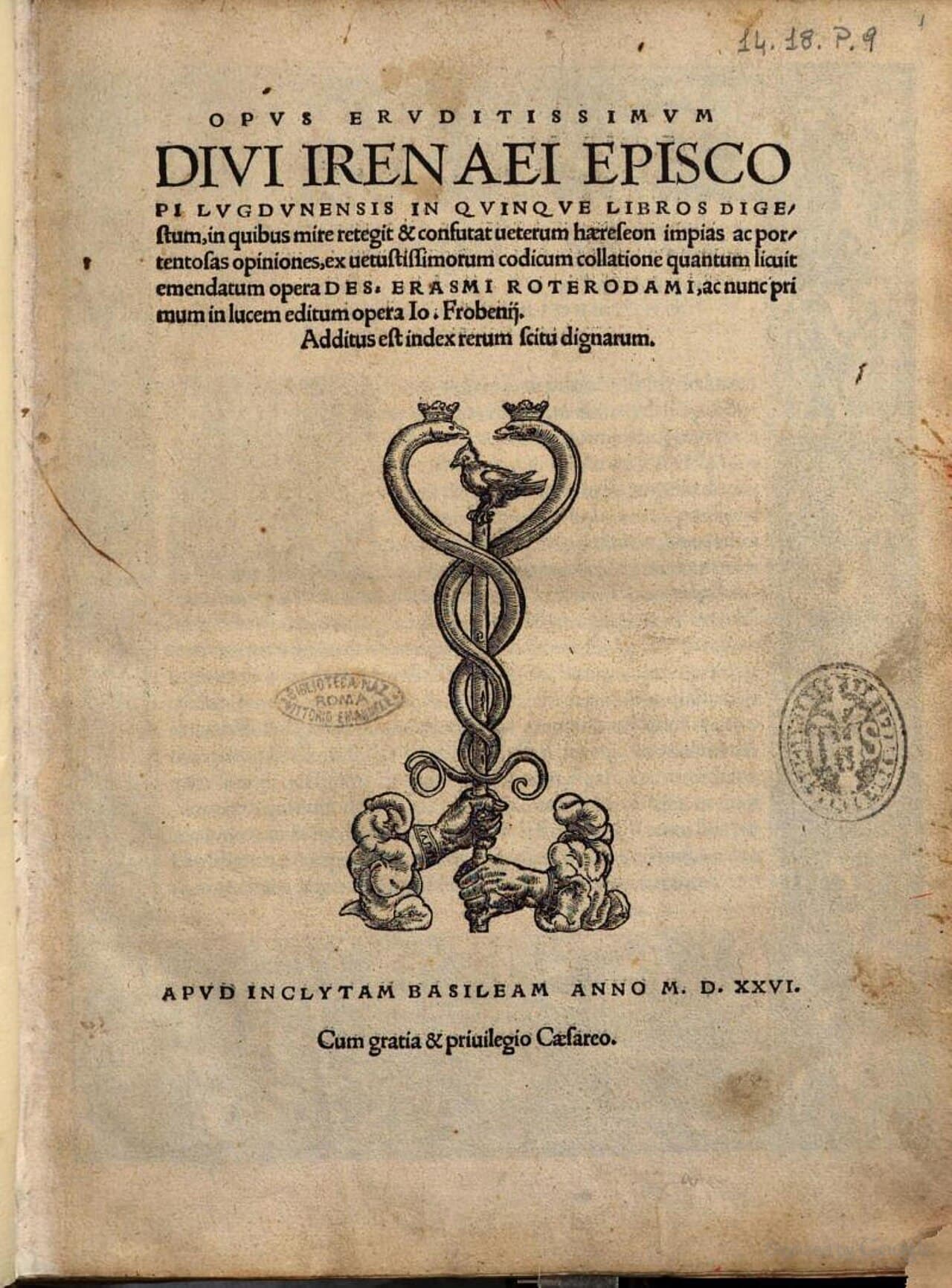 Titelblatt der Erasmus-Ausgabe von 1526 von Gegen die Häresien des heiligen Irenäus von Lyon
