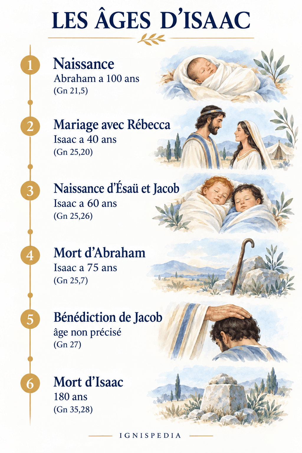 Six étapes de la vie d'Isaac avec les âges transmis par la Genèse et l'âge non précisé de sa bénédiction à Jacob