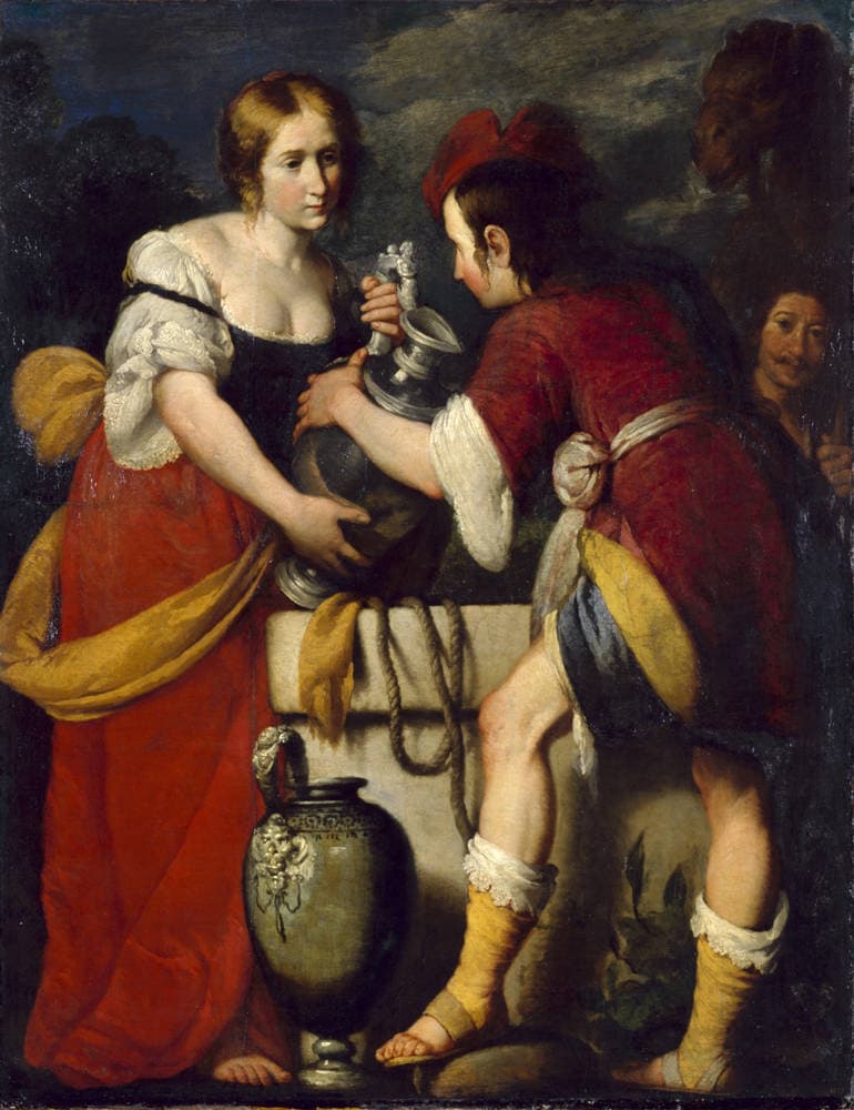 Rébecca offre de l'eau à Éliézer auprès du puits dans une peinture de Bernardo Strozzi