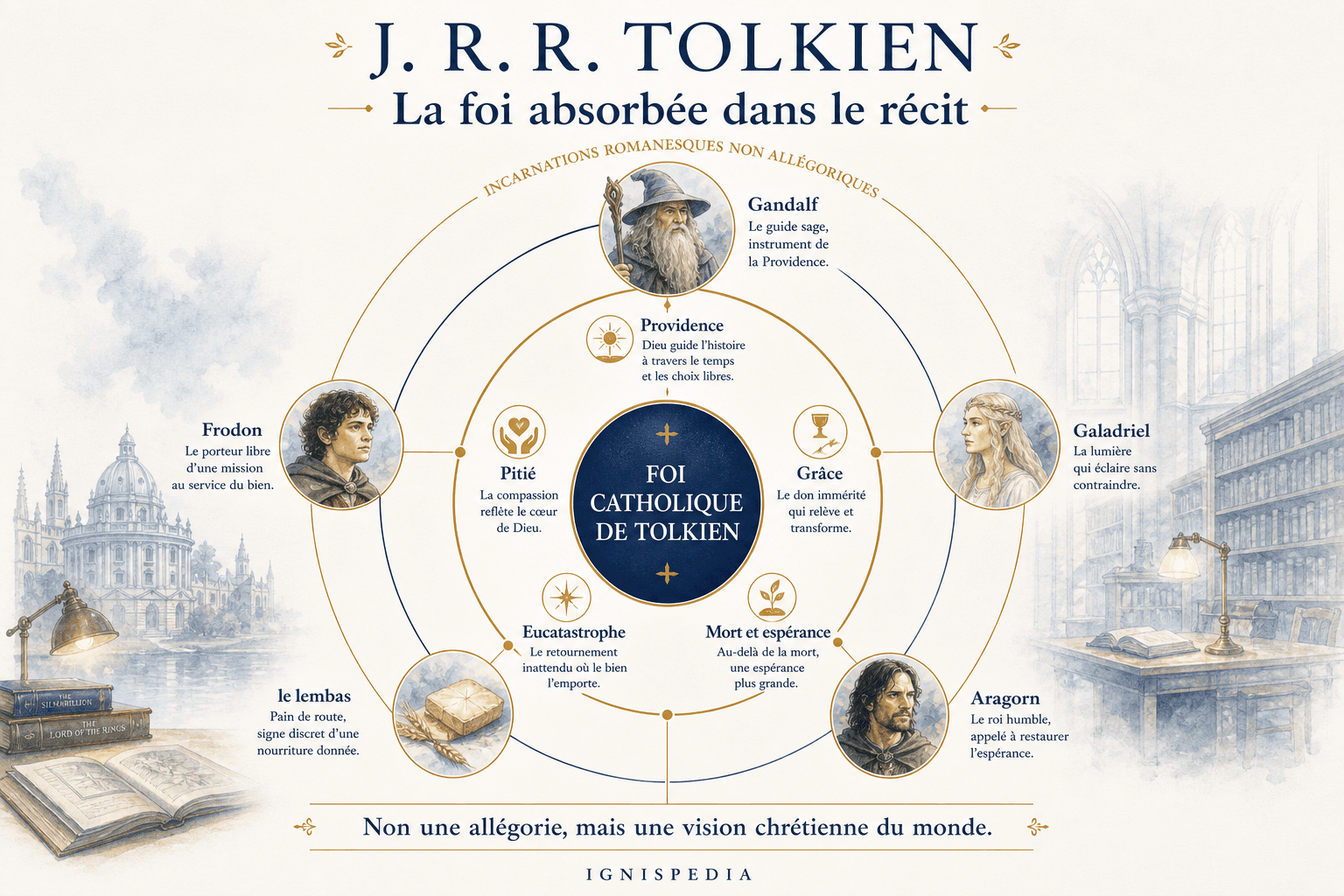 Ignispedia-Infografik, die zeigt, wie Tolkiens katholischer Glaube in den Themen und Figuren des Herrn der Ringe aufgegangen ist