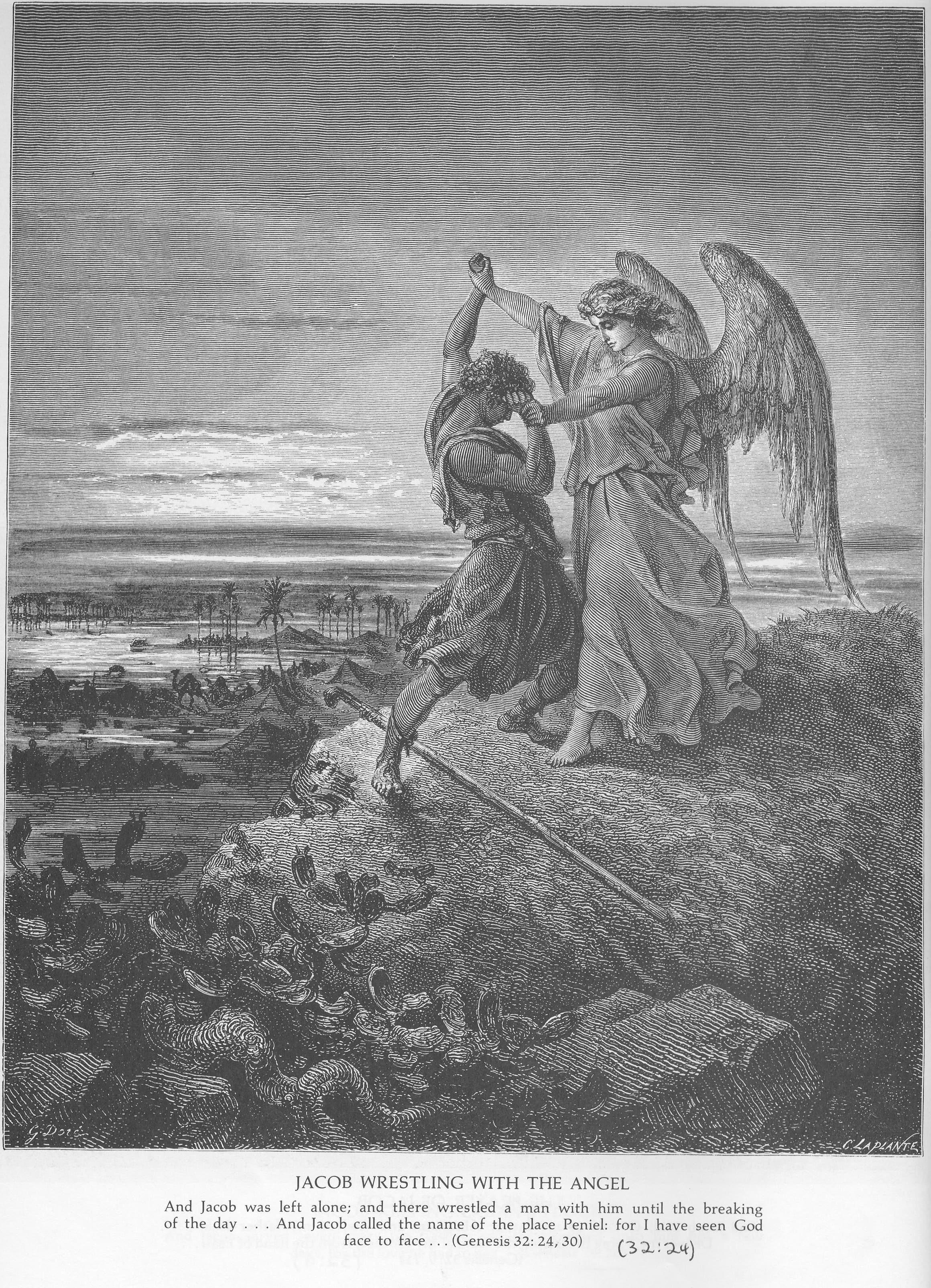 Gravure de Gustave Doré montrant Jacob luttant avec l'ange au bord du Yabboq