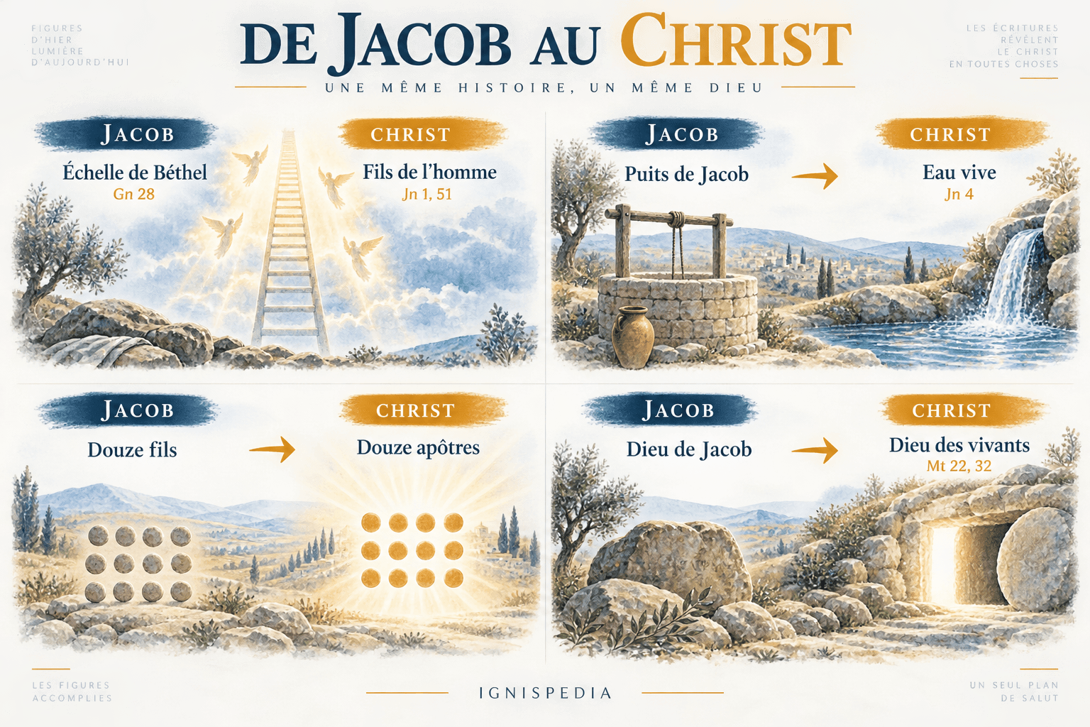 Quatre correspondances entre Jacob et le Christ : l'échelle, le puits, les douze fils et le Dieu des vivants