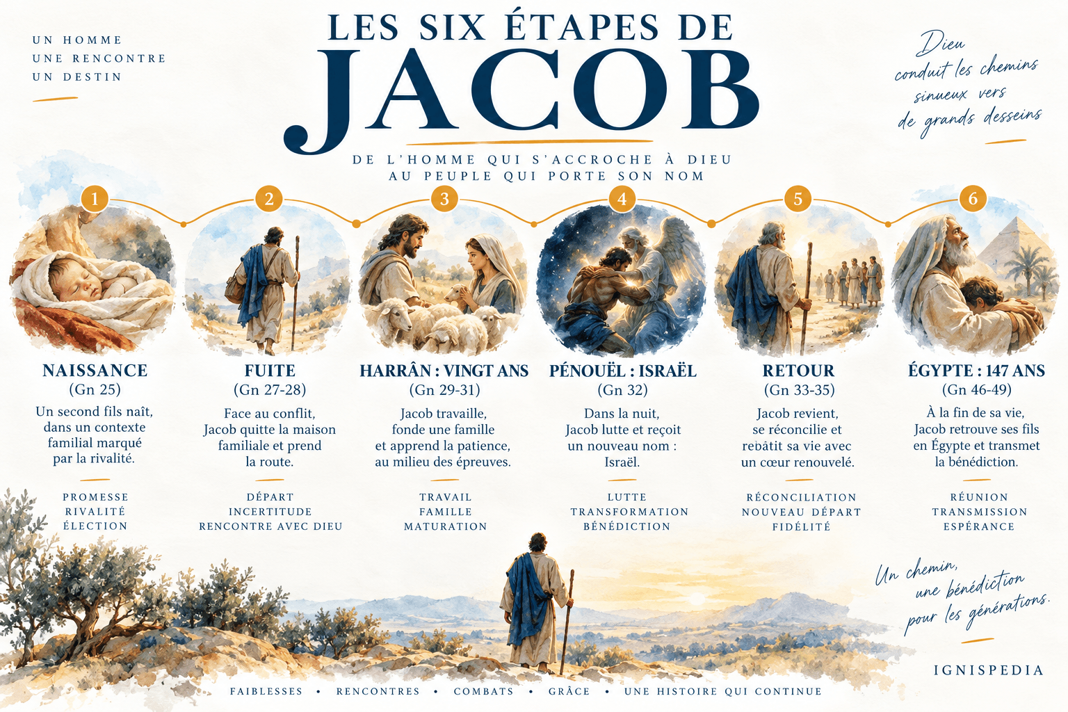 Six étapes du récit de Jacob dans la Genèse, de sa naissance en Canaan à sa mort en Égypte