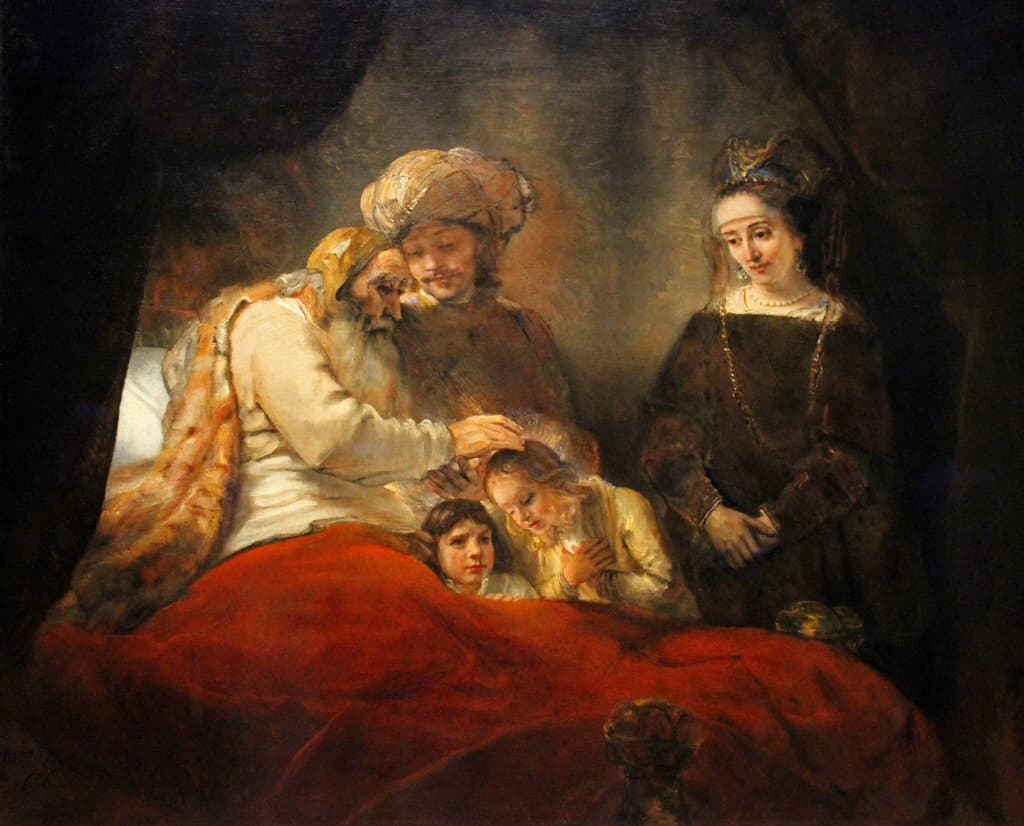 Rembrandt représente Jacob âgé bénissant Éphraïm et Manassé auprès de Joseph