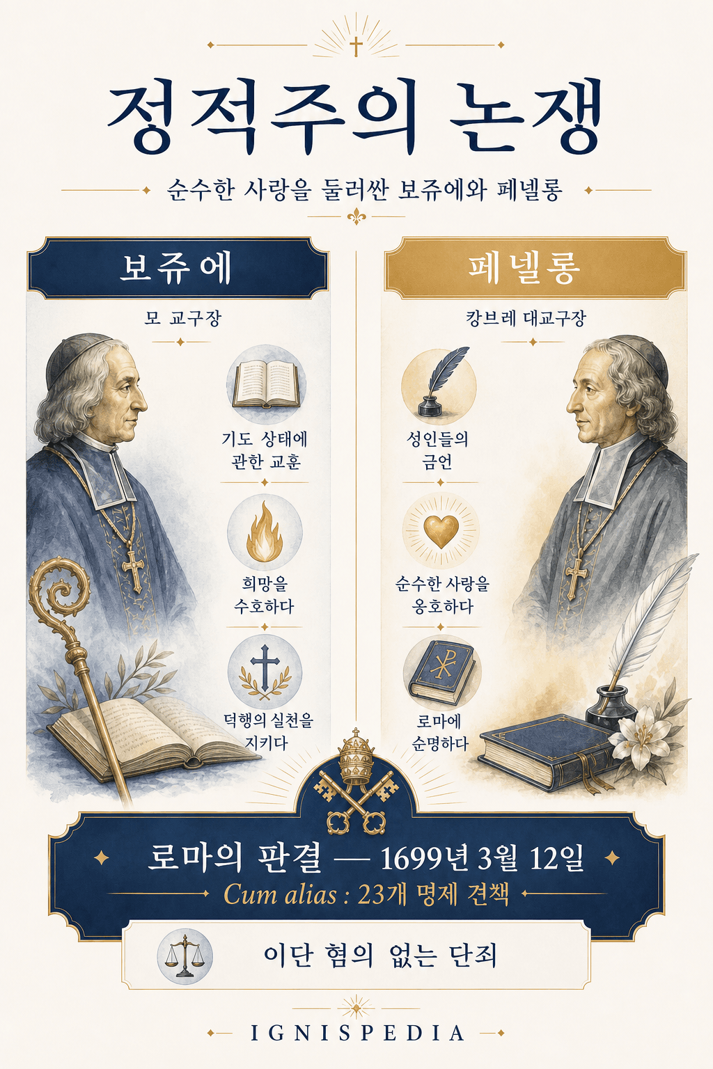 보쉬에와 페넬롱의 침묵주의 논쟁에 관한 이그니스피디아 인포그래픽
