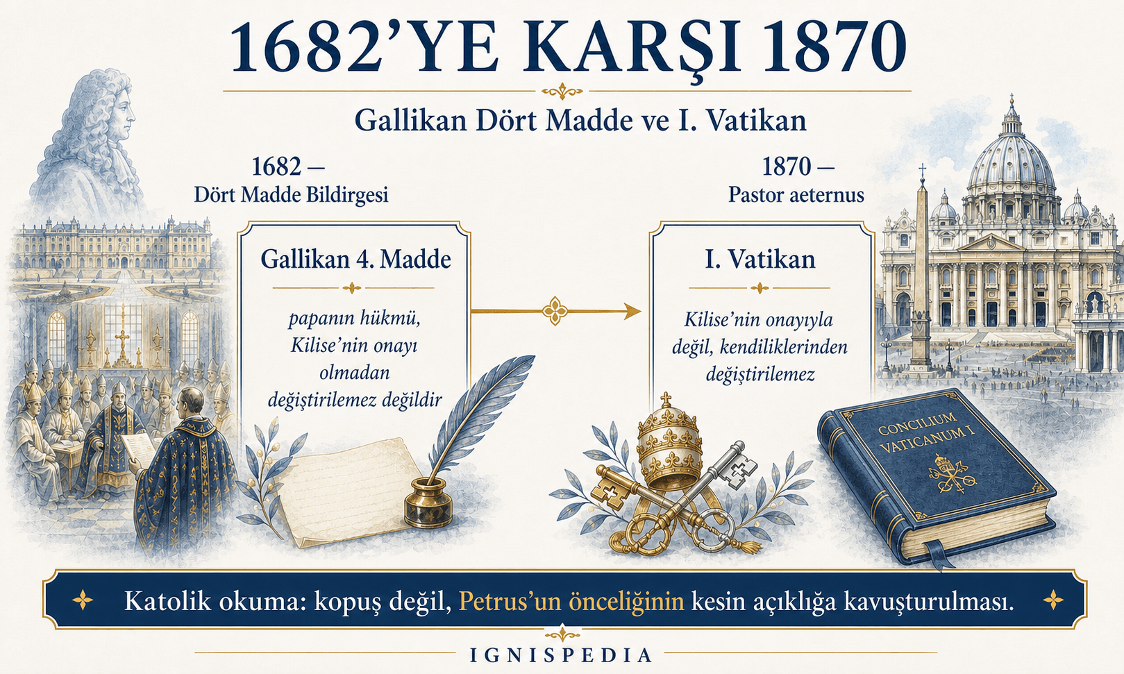 Ignispedia infografiği: 1682 galikan Dört Madde ile Vatikan I Pastor aeternus karşılaştırması