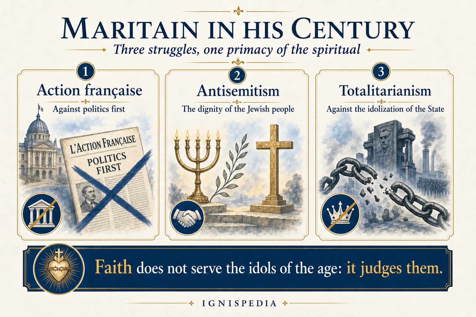 Infographic on Jacques Maritain's battles in the century