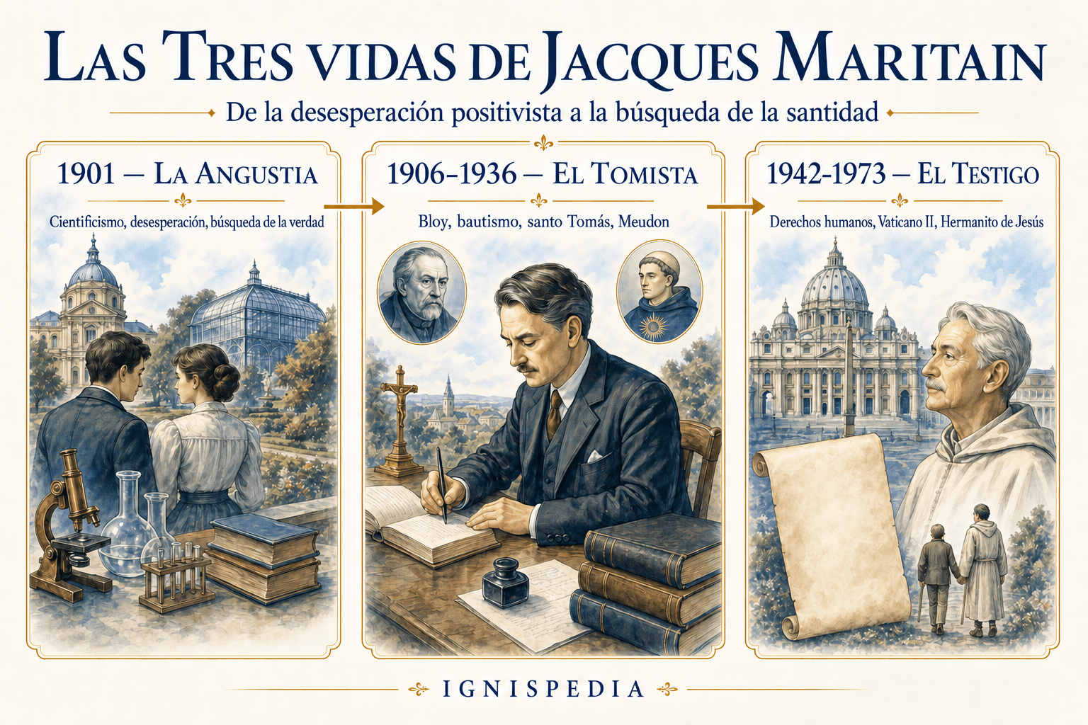 Infografía de las tres grandes etapas de la vida de Jacques Maritain