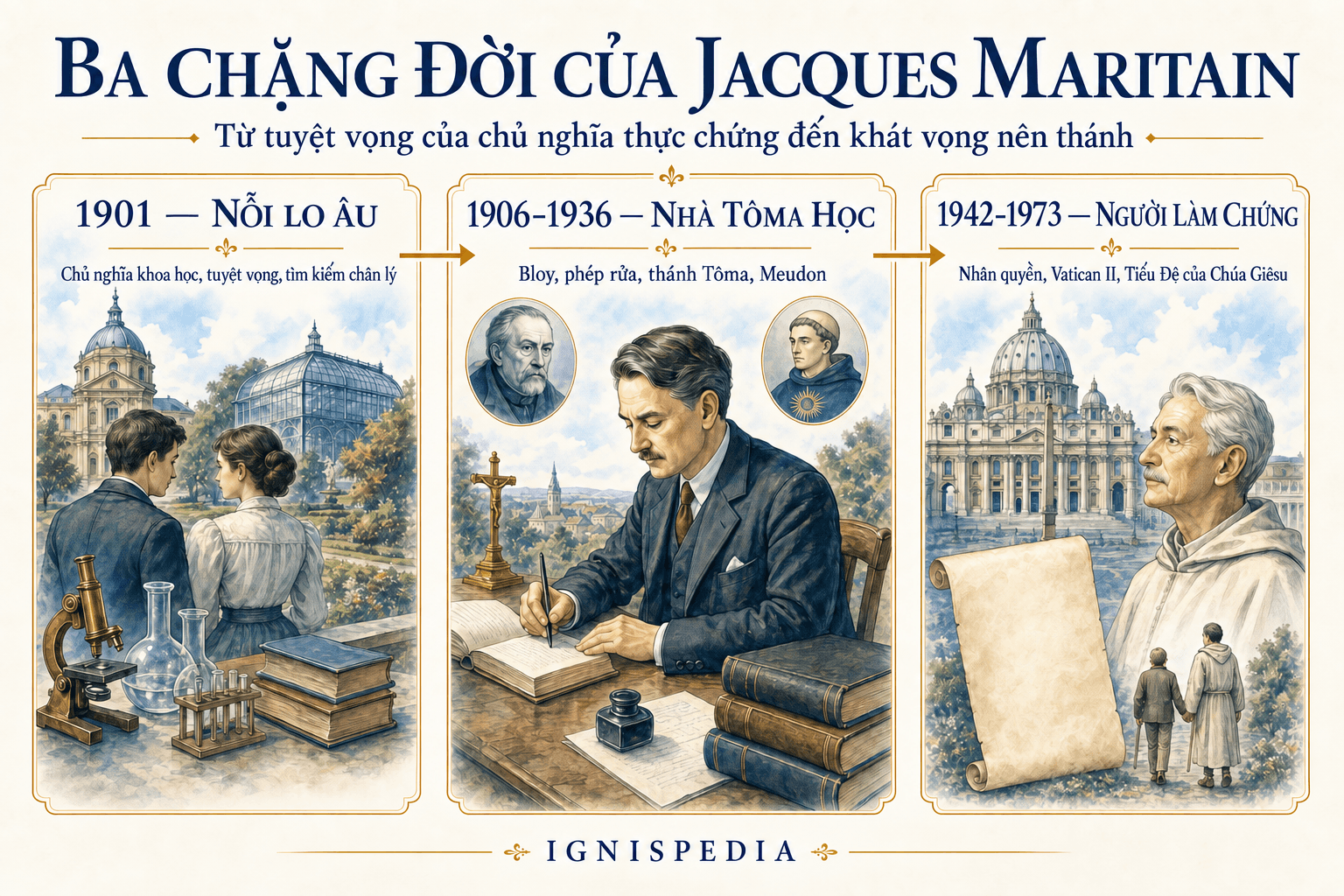 Infographic về ba giai đoạn lớn trong cuộc đời Jacques Maritain