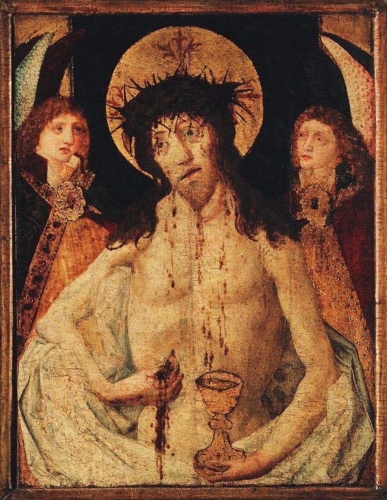 Cristo coronato di spine che presenta un calice, tavola di Praga del 1470 circa